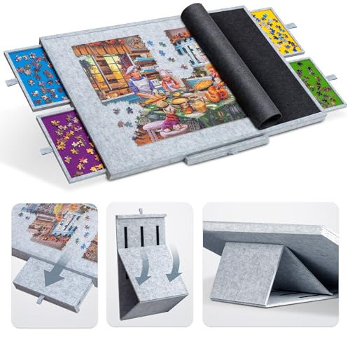 Tektalk Jigsaw Puzzle Table with Integrated Adjustable Stand/Bracket, 3-Tilting-Angle Super Lightweight Felt Puzzle Plateau Board with Cover & 4 Sorting Drawers, for Up to 1500 Pieces - Light Gray