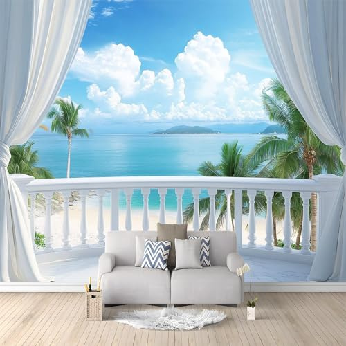 Générique Papier Peint intissé Balcon Vue Mer Par La Fenêtre Bleu 300x210 cm Papier Peint Photo Panoramique, Poster Geant Mural Personnalisé 3D, pour Salon Cuisines Chambre Adulte Enfant Décor Murale