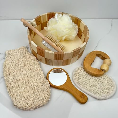 Coffret Spa / Bain Naturel - 6 Pièces éco-responsables, incluant une boîte en bois ronde, un miroir et des outils de soin pour le corps