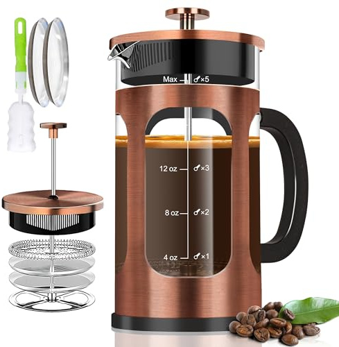 YMMIND French Press Coffee Maker (21oz 600ML 3-4Cup) Coffee Press, with 4 Filters System, Heat Resistant Thickness Borosilicate Glass, Cold Brew Coffee Tea Pot Gifts (Copper)