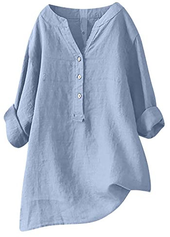 2025 Chemisier Femme Chic et Élégant Chemise Coton et Lin pour Femmes Col en V Bouton Manches Longues Tops Couleur Unie LâChe Respirant T-Shirts Grande Taille Pas Cher Casual Coton Lin Tunique Blouse
