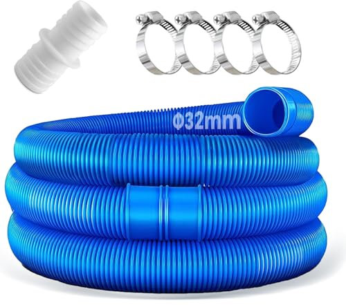 Rhsemi 2 mangueras de piscina de 32 mm para bombas de piscina con 4 clips de seguridad y 1 conector de manguera, 150 cm, manguera de piscina de 32 mm, para bomba de filtro y piscina, color azul