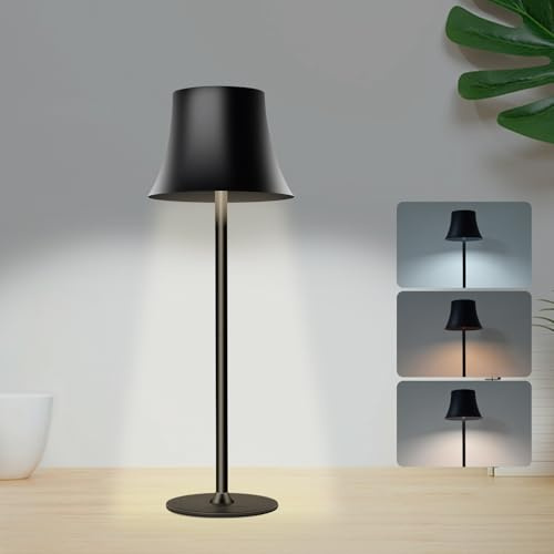 Jueholla LED Tischlampe, Dimmbare LED Akku Tischleuchte Kabellos, Mit 6000 mAh Akku, Akku Tischlampe Aufladbar mit USB, 3 Lichtmodi für Schlafzimmer, Wohnzimmer, Esszimmer, Bar, Schwarz, Groß