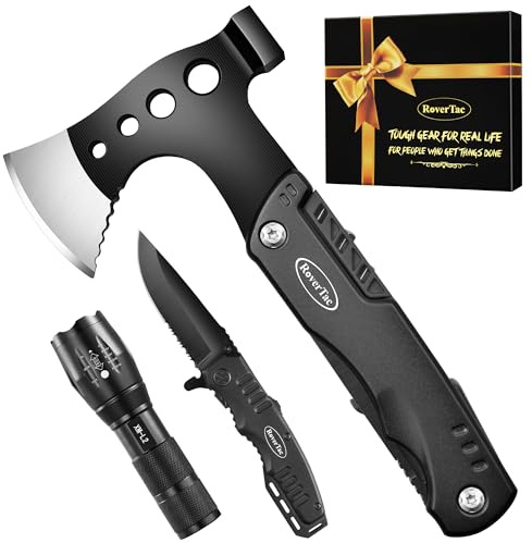 RoverTac Kit de herramientas de supervivencia de equipo de camping Multi Tool Set, hacha multiherramienta 11 en 1, linterna led de alto lúmen, cuchillo de bolsillo, regalos para hombres