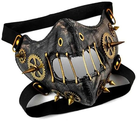 NICEYEA Steampunk Mundmaske aus Lederoptik mit Getriebe & Kettenbesatz verstellbare Punk Halbgesichtsmaske für Erwachsene Cosplay Zubehör geeignet für Halloween Karneval Fasching Mottopartys