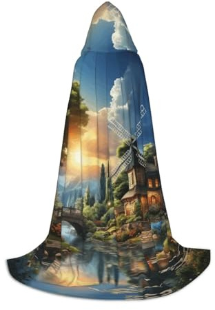 TTYDOKLA Sunset Windmill Print Hooded Cloak,Wizard And Renaissance Costume Cape With Hood,For Role Play And Parties