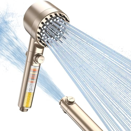 FEELSO High Pressure Filter Shower Head with Anti-Clog Nozzles,4 Modes,Gold | Powerful Handheld Shower Head with 15 Stage Filter for Hard Water UK, Massage Brush, for Residual Chlorine Remove