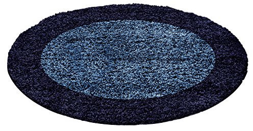 Carpetsale24 Hochflor Teppich Shaggy mit Bordüre 120 cm Rund Marineblau, 2-farbig, flauschig & weich, modernes Design, ideal für Flur oder unter Beistelltisch