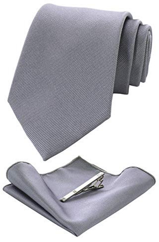 JEMYGINS Herren Hochzeit Krawatten und Einstecktuch krawattenklammer Set einfarbig in verschiedenen Farben, Grau, M