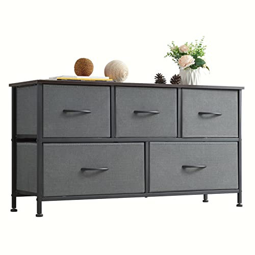 Somdot Chest of Drawers with 5 Drawers, Wide Storage Organiser Fabric Dresser for Living Room TV Stand Bedroom Closet Nursery Bedside Entryway Hallway, Charcoal Grey