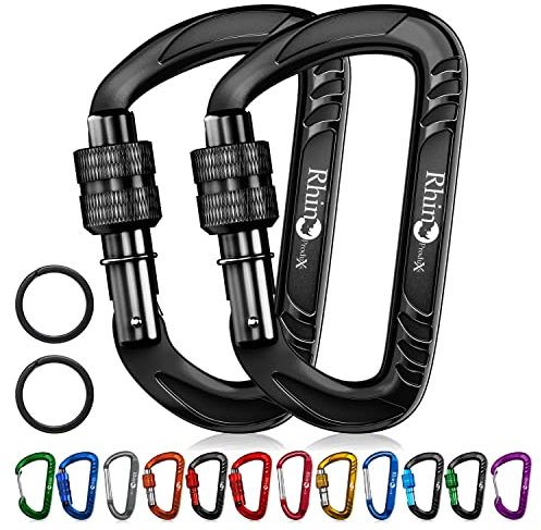 Rhino Produxs 12kN (2697 lbs) Heavy Duty Lightweight Locking Carabiner Clips with keyrings - Excellent for Securing Pets, Outdoor, Camping, Hiking, Hammock, Dog Leash Harness, Keychains, Water Bottle
