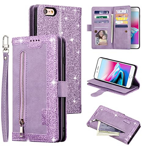 UEEBAI Wallet Case for iPhone 6 iPhone 6S, Retro 9 Card Holder Slots Zipper Pocket Handbag Case PU Leather Magnetic Closure Kickstand with Wrist Strap TPU Shockproof folio Case - Glitter Purple