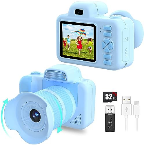 Kinderkamera Kinder Digitalkamera mit Musik Jungen Kind Fotoapparat Spielzeug Geschenk für 3 4 5 6 7 8 Jahre 12MP 1080P HD Videocamera mit MP3, drehbares Objektiv, Zoom, Selfies, Blitz, 2 IPS – Blau