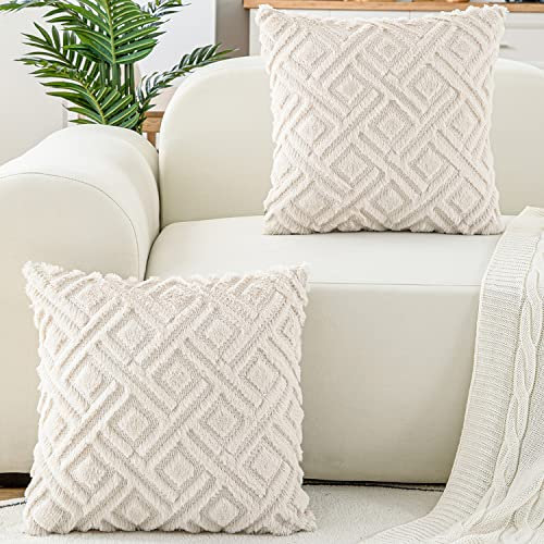 Hpocipo 2er Set Weicher Wolle Samten Kissenbezüge Boho Kissenbezug Luxus kissenhüllen Dekokissen Sofakissen Kissen Fall für Sofa Bed Büro Auto Cafe (50 x 50cm, Cream Beige)