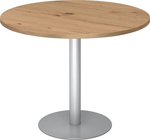 bümö Besprechungstisch, Esstisch Klein Rund 100 cm - Asteiche, 2 Personen Mit Holz-Platte, Säule Aus Metall in Silber - Konferenztisch, Bistrotisch