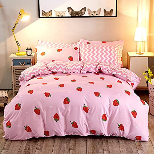 Wotcsil Herzen Bettwäsche Set 220x240 Für Mädchen Kinder Frau Bettbezug Bettwäsche Herz Weiche Kinderbettwäsche Set mit 1 x Bettbezug 2 x Kissenbezügen 80x80 cm, Rosa Erdbeere