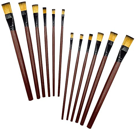 CLVPAI 12 Stück Pinsel Set Öl Nylon Flachpinsel Set,Acrylfarben Pinsel Flachpinsel,Hölzerner Stiel,für Öl Acryl Aquarell und Gouache Farbmalerei(6 Größen)