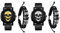 JewelryWe Totenkopf Herrenuhr Lederarmband Halloween Set - 4 Stück Schädel Analog Quarz Armbanduhr Steampunk Schwarz Totenkopf Geflochten Leder Armband Uhr Armreif Schmuckset für Herren Männer