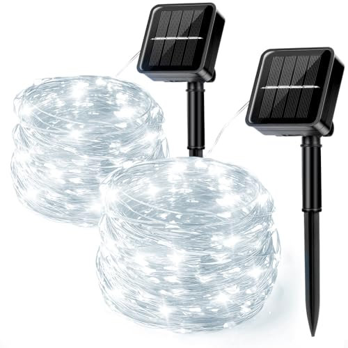Aisutha Solar Lichterkette Außen, 2x12M 120 LED Lichterkette Aussen, 8 Modi Kupferdraht Solarlichterkette IP65 Wetterfest für Garten, Balkon, Terrasse, Tor, Hof, Hochzeit, Party (Kaltes Weiß)