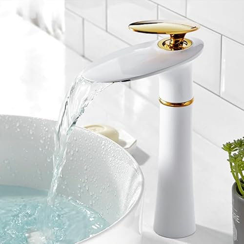 ZYCDP Robinet de Lavabo Cascade Mitigeur Lavabo Blanc et Or Robinet de Salle de Bains Monocommande Robinet Salle de Bain Lavabo Laiton, Haut