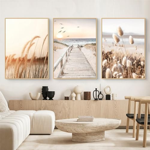 Uixxducc 3-teiliges Aesthetic Poster Set Natur Küstenstrand Seevogel-Szenerie Bilder Set Wandbilder Wohnzimmer, Beige Boho Pampasgras Bilder, Schlafzimmer Deko, ohne Rahmen (A,30x40cm)