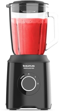 Taurus - Batidora de Vaso 1500W | 2 Velocidades + TURBO | Cuchillas 4 Filos Extraíbles | 2 Velocidades + TURBO | Diseño Negro Elegante | Seguridad Antideslizante | BPA Free