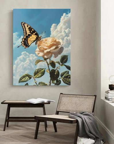 Tableau art déco Fleurs et papillons,L,60 * 80cm Peinture Street Art Peinture À L'huile Impressions Sur Toile Moderne Pop Affiche Photo Sur Le Mur