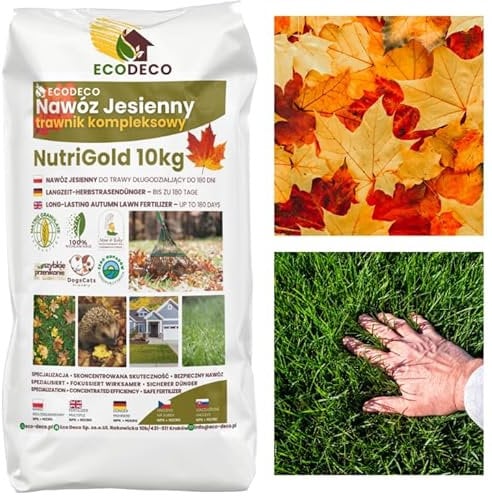 EcoDeco Herbst Rasendünger 10kg für 500 m² | Herbstdünger Rasen Winterfest mit Kalium und Phosphor | Herbstrasendünger verdrängt Moos | Turbogrün Rasendünger mit Über 3-Monatiger Wirkung