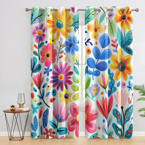 SZLYZM Bunt Geblümt Vorhänge, Verdunklungsvorhänge mit Muster Bunt, Vorhang Blickdicht mit Ösen, Gardinen für Wohnzimmer Schlafzimmer Deko 2er Set - 160x132 (H X B)