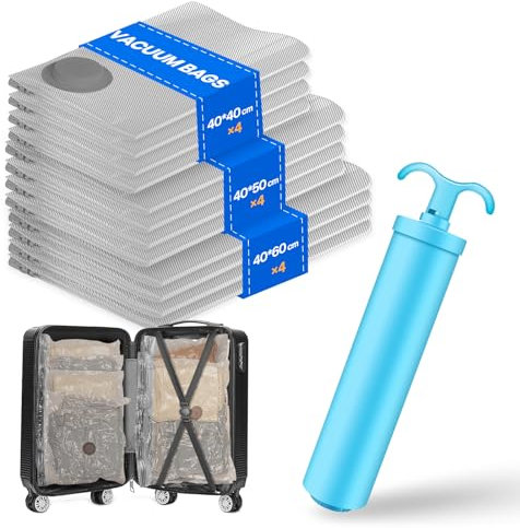 Vacbird Sac Sous Vide Vetement Aspirateur avec Pompe Manuelle, Lot de 12 (4 * 40x40cm, 4 * 40x50cm, 4 * 40x60cm), Sac de Rangement Sous Vide Réutilisables pour Pulls, Chemises, Serviettes, Voyages