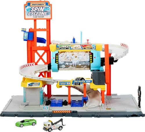 Matchbox Toy Car Track Set, Spin Cyclone Car Wash Playset with 1:64 Scale Corvette & Tow Truck, Features Spinning Wash Tunnel, Tune-Up Shop & Parking, JGB68