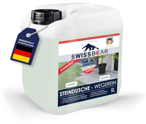 SWISSBEAR Steindusche & Wegereiniger – Steinreiniger für Terrasse u. Pflastersteine – Moos- & Algenentferner, umweltfreundlich, ohne Säure – Für Naturstein, Beton, Gartenwege & Steinplatten (1, 5l)