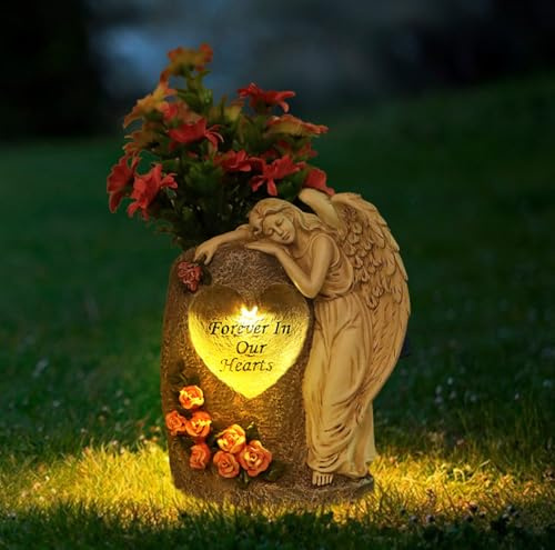 Solar Engel Gartenfiguren, Schlafender Engel Garten Statue Blumenvase mit Solarleuchten und abnehmbaren Pfählen, Schutzengel Grabstein Gartenstatuen, Solarbetriebenes Friedhofslicht für Gartendeko (A)