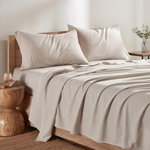 DKNY Pure Washed California King Sheet Set, 4 Piece Bed Sheets, Linen Cotton Blend, 1 Flat Sheet, 1 Fitted, 2 Pillowcases, Linen Beige