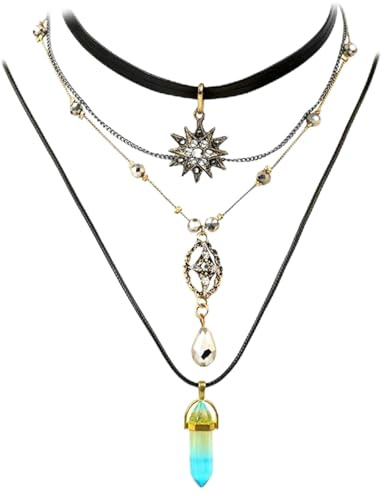 Auroriel Gotischer Geschichteter Stern Kristall Anhänger Halskette für Hexen Piraten Kostüm Accessoires Damen, Vintage Schmuck für Halloween Renaissance