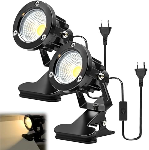 LED Spot Klemmstrahler mit Stecker und Schalter, 2 Stück 10W COB LED Strahler Warmweiß, Schreibtischlampe, Gartenstrahler Pflanzen Spotlight, LED Klemmspot mit 1,8m Kabel für Innen und Außen (A)