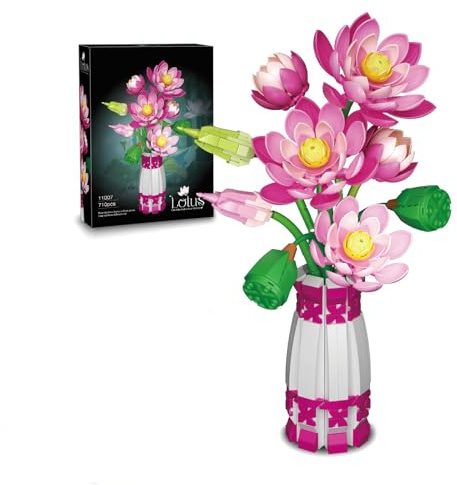 Bundviel Lotus Blumenstrauß Baustein Set mit Kunstblumen für Erwachsene,710 Teile Blumen Bauspielzeugset, Botanical Kollektion Home Deko,Geschenk für Geburtstag, Muttertag,Valentinstag