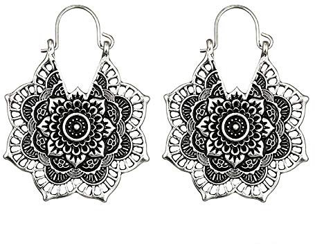 Walaka Boucles D'Oreilles Pendantes Femme-Antique Argent Gitan Indien Tribal Ethnique- Hoop Balancer Mandala BohèMe Boucles D'Oreilles (argent)