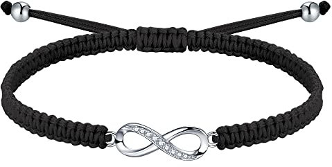 J.Endéar Infinity Armband Silber 925 für Damen Mädchen, Handgefertigte Geflochtene Filigrane Kordel Verstellbares Armband, Unendlichkeitszeichen Schmuck Geschenk, Schwarz