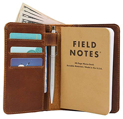 Leder-Feld-Notizbuchhülle für Notizen, Taschenformat, passend für 8,9 x 14 cm, separates Fach für , echtes genarbtes Leder, mehrere Taschen für zusätzliche Funktionalität und Stiftschlaufe
