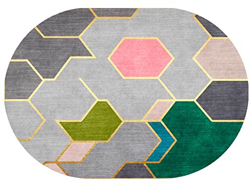 Designer Teppich Oval Kurzflor Orientteppich Klassisch Gemustert Ornamente für Wohnzimmer Schlafzimmer Kinderzimmer,grau grün rosa Gold,Oval 200 x 230 cm