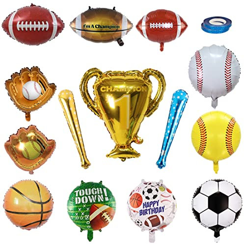 13PCS Sport Folienballon Set, Baseball Fußball Basketball Rugby Handschuh Mylar Aluminium Folienballons, Luftballons mit Sportmotiven Dekorationszubehör für Geburtstagsfeier Ball Fans Club Bars