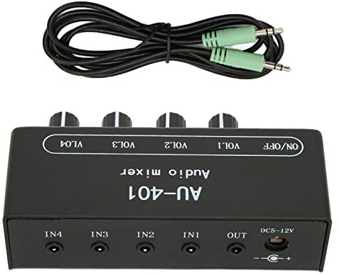 Audio Mixer, 4 in 1 Out Independent Volume Control 3.5mm Stereo Socket 2x Amplification Line Mixer Anti Interference Durable Metal Housing Mini Audio Mixer for PC, Cell Phones, Laptops