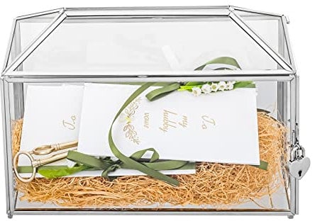 NCYP 32x15x23cm Silberfarbene Hochzeitskarten-Box aus Glas mit Schlitz und Schloss, Handgefertigt Dekoration für Dankeskarten, Andenken, Umschläge Terrarium (Nur Glasbox und Schloss)