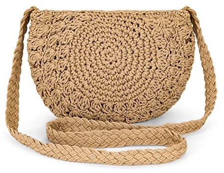 Jeesblsy Sac à Bandoulière Rond pour Femme, Sacs Plage d'Été en Coton Tissé, Petit Sac en Crochet Bohème Fait à la Main, Sac à Porter à l'Épaule pour Vacances, Fêtes, Voyage (Marron)
