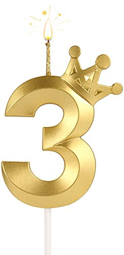 8cm Geburtstagskerzen für Torte, 3D Zahlen Geburtstagskerzen mit Kronendekor Groß Tortenaufsatz Zahlenkerzen für Torte Hochzeit Jubiläum Abschlussfeier Festivalparty (Gold, 3)