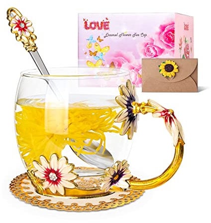 Homtibrm Birthday Gifts for Women Her Mom Teacher Friends Enamel Flower Tea Cup Glass Coffee Mug Gifts for Women Birthday,Mother's Day,Anniversary(330ML Gold)