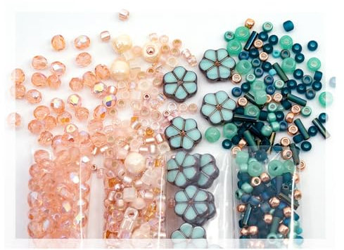 Czech Glass Beads & Japaneese TOHO Seed Beads for Jewelry Making Set - 4 Gentle Distinct packs: Table Cut Flowers, Fire Polished Faceted 4mm, 2x TOHO Rocailles Mix Teal & Pink Beige