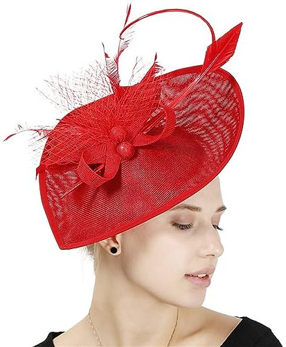 GIBZ Damen Fascinator Hut mit Breiter Krempe Elegant Tea Party Stirnband Pillbox Hüte mit Federn Hochzeits Kopfschmuck, Rot