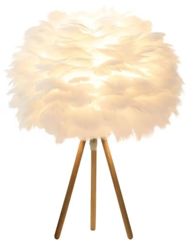 GUANSHAN Weiße Feder Tischlampe mit Stativ Holz Basis Feder Lampenschirm Nachttisch Beleuchtung Dekorative Nachtlicht Romantische Schreibtischlampe für Schlafzimmer, Wohnzimmer